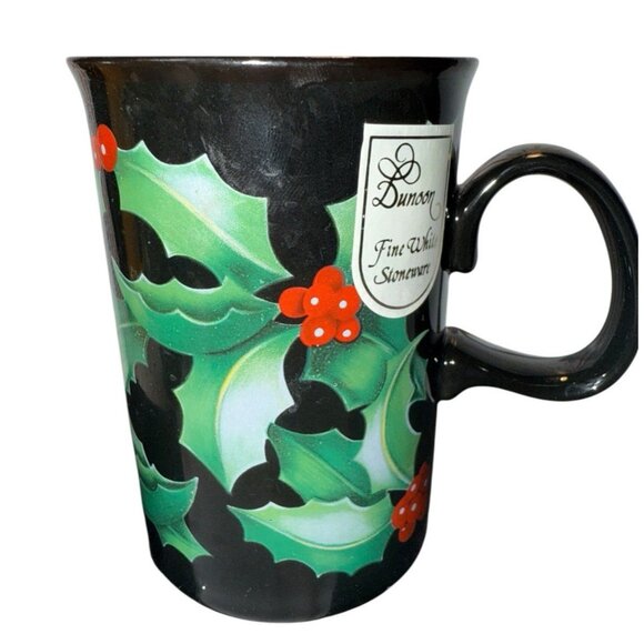 4 Dunoon Christmas Holiday Black Mug Holly Berries Poinsettia 4" Scotland Made - Picture 2 of 6